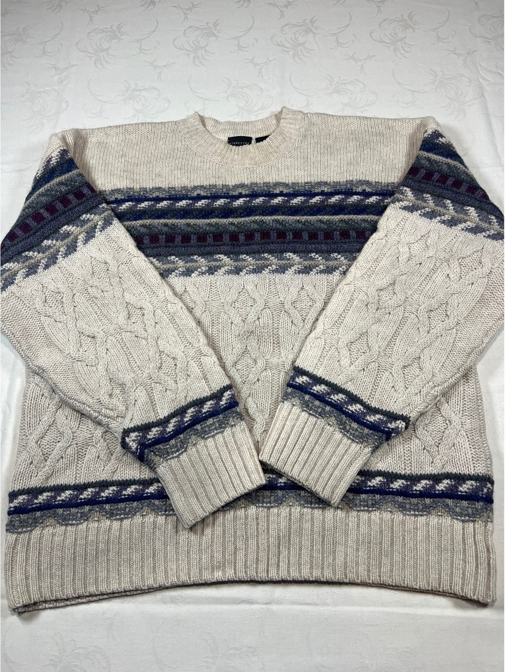 Vintage Structure 100% Wool Cable Knit Cream Blue Sweater Size Large